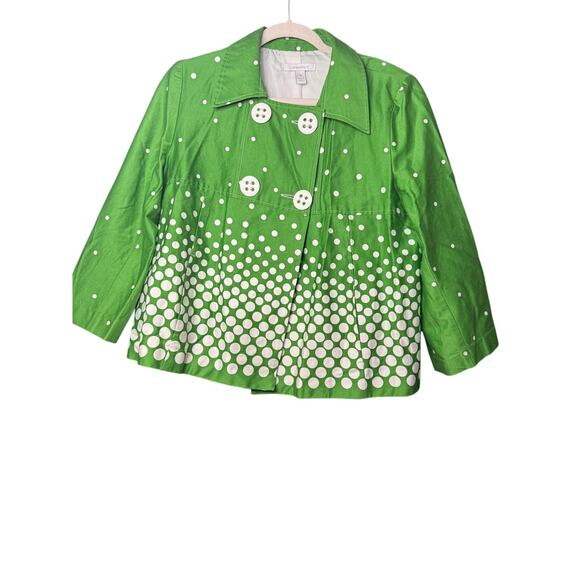 Dress Barn Green White Polka Dot Jacket Coat Collared Pockets Women Size Medium - Picture 1 of 3